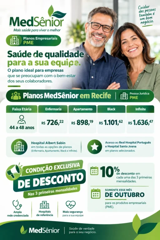 MedSênior Empresarial (PME) em Recife: enfermaria a partir de R$ 726,22 por vida e 10% de desconto nas 3 primeiras mensalidades em outubro