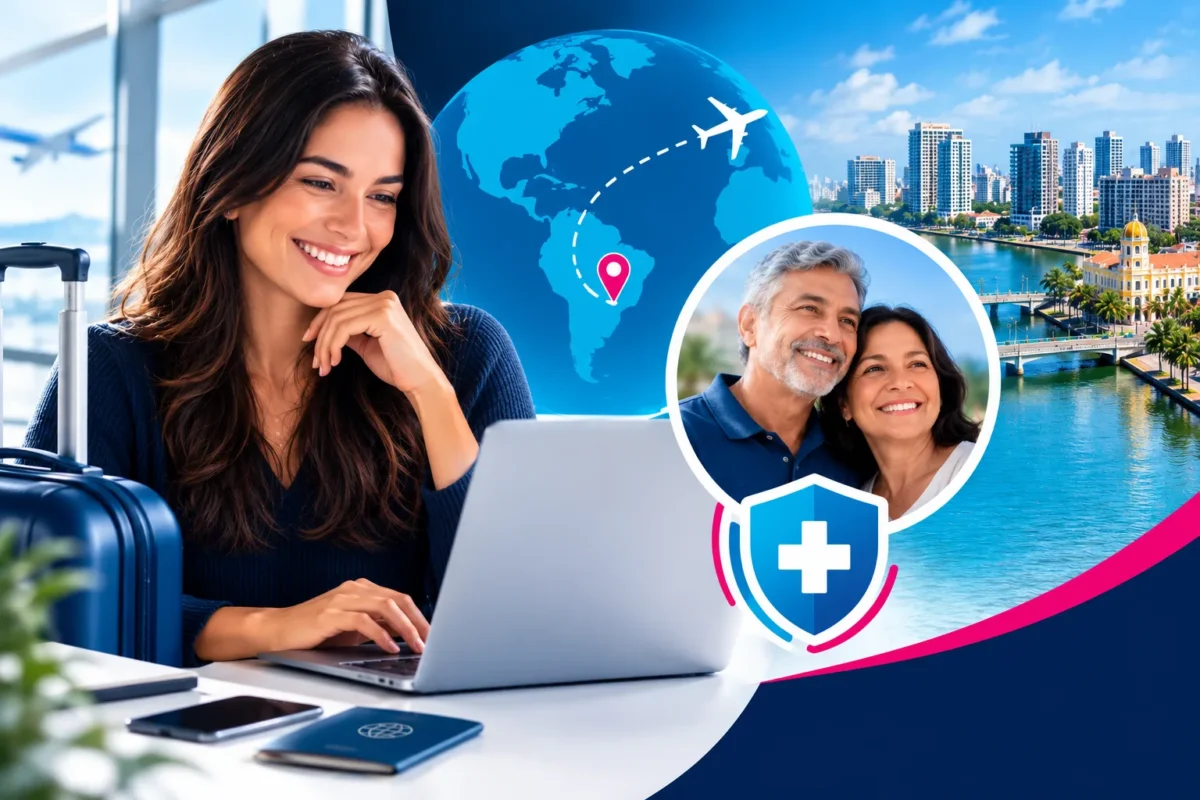 Plano de saúde para os pais morando no exterior 1 Brasileira que mora no exterior contratando pelo notebook o plano de saúde dos pais, um casal de idosos sorridente em Recife, com mapa-múndi e escudo de proteção à saúde